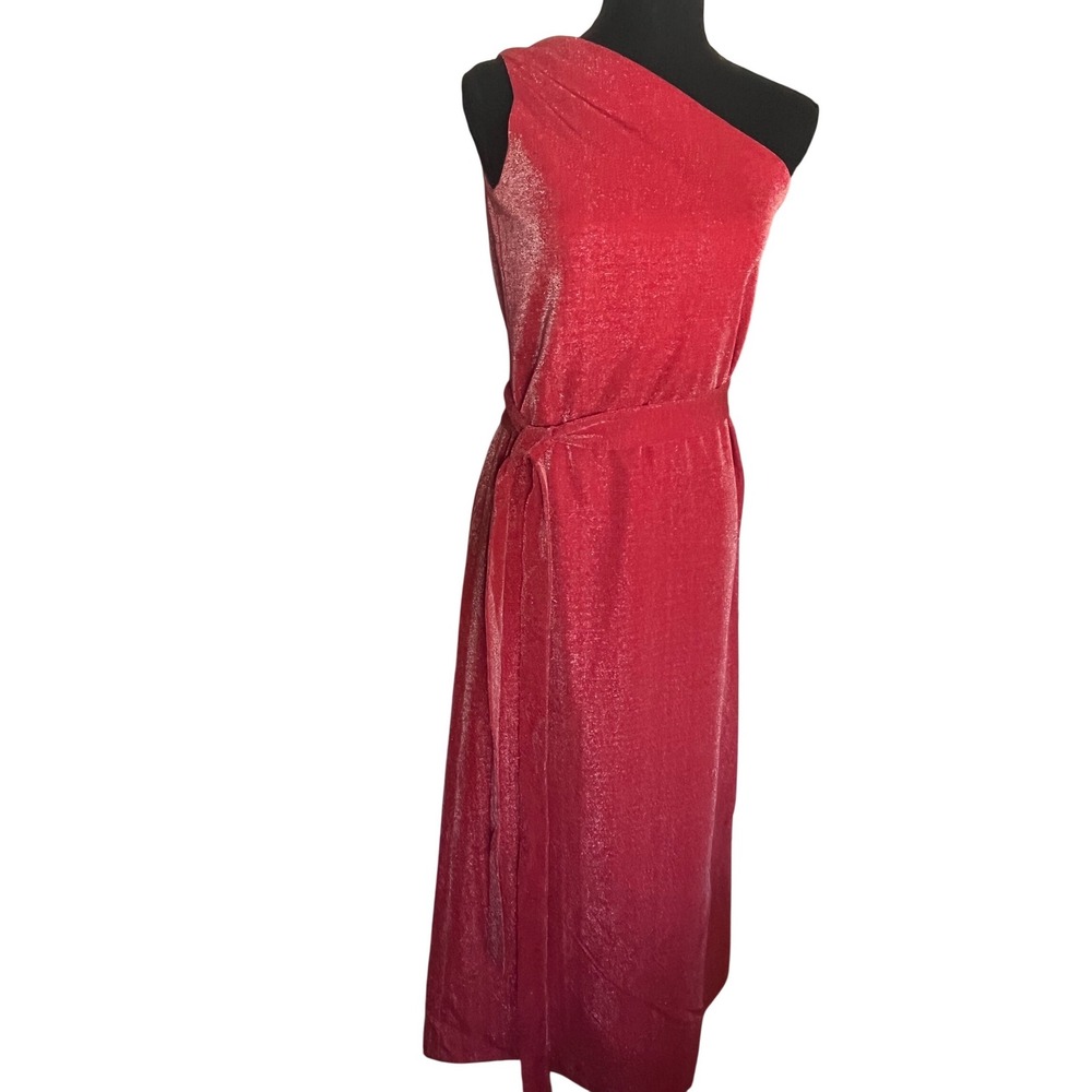 Vintage 70s Metallic Red Lurex One-Shoulder Belted Evening Gown